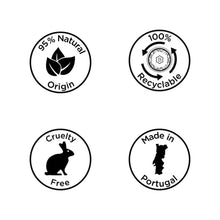 Load image into Gallery viewer, product pictograms for natural origin, recyclable, cruelty free, made in Portugal